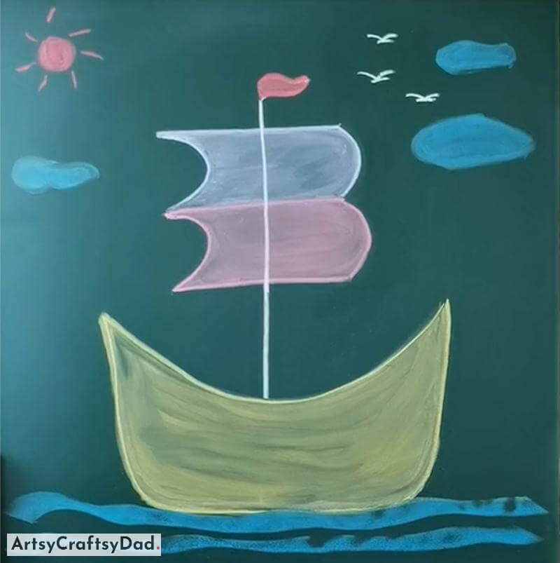 Sail Boat on Ocean - Easy Chalk Drawing Idea - Easily creating a vibrant chalk drawing on the board