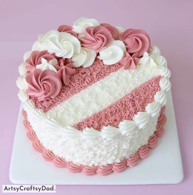 Simple Cake Decoration Idea Using White and pink Cream - Applying White & Pink Cream for Cake Design