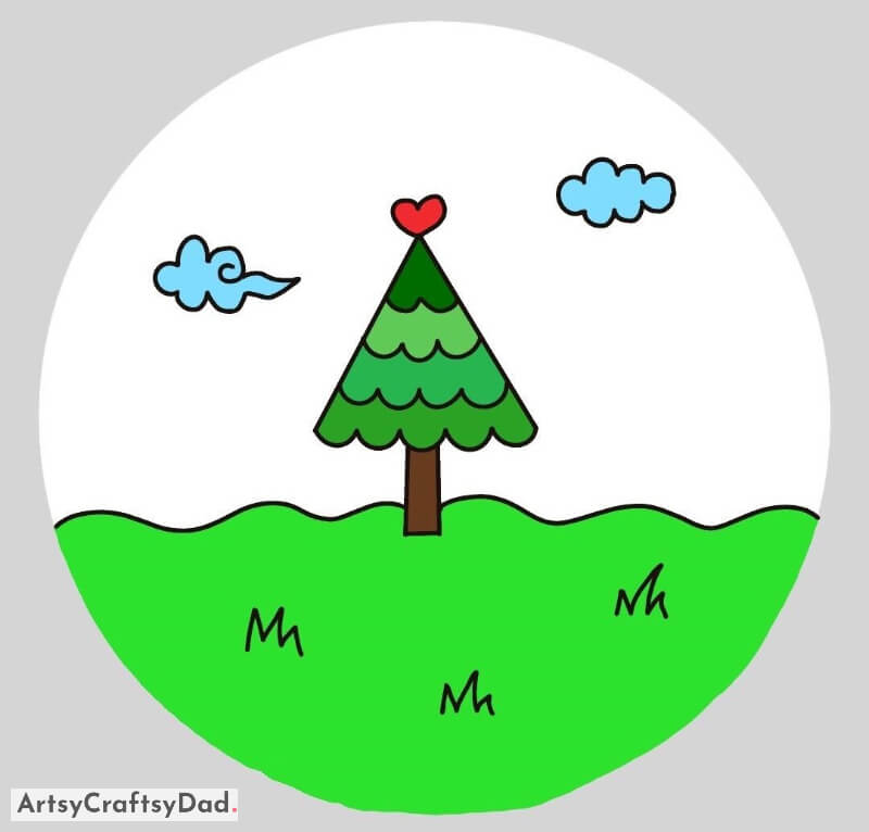 Simple Christmas Tree in Garden Drawing - Artistic Images for 10-15 year olds 