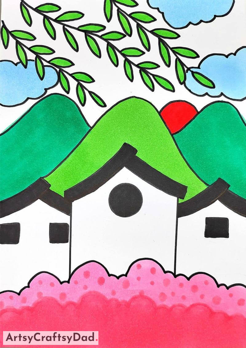 Simple House and Cherry Blossom Drawing - Paintings of Residences for the Youngsters