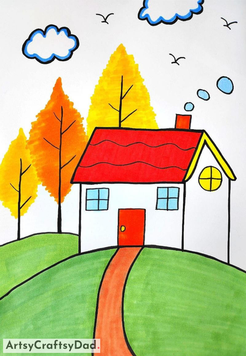 Simple House and Tree Drawing- Attractive Art for Kids Aged 10-12