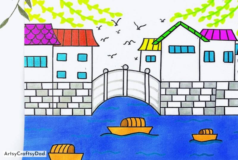 Simple Town with Lake Drawing - Enchanting Concepts for Your Art Course