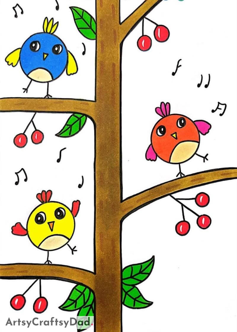 Singing Birds on Tree Drawing for Kids age 8-10- Picturing and Toning Thoughts for 10-12 Year Olds