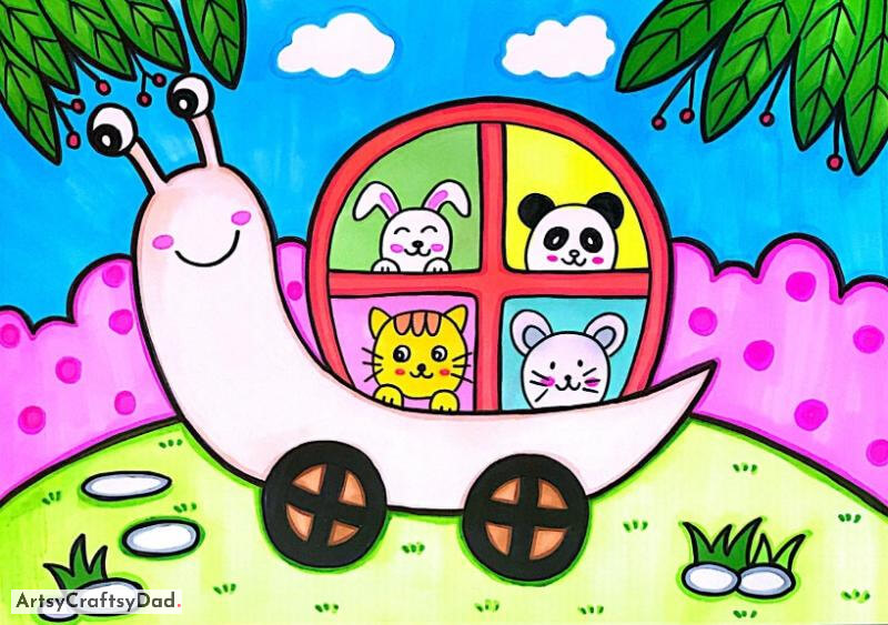 Snail Cart with Pets Drawing for Kids - Splendid Concepts for Your Draughting Course