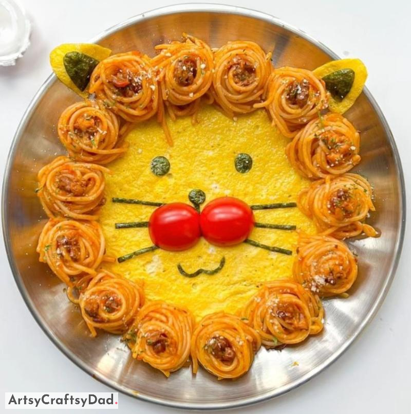 Spaghetti Lion Fun Food Plate Decoration Idea For Kids - Creative Tabletop Decoration with Spaghetti Lions For Children 