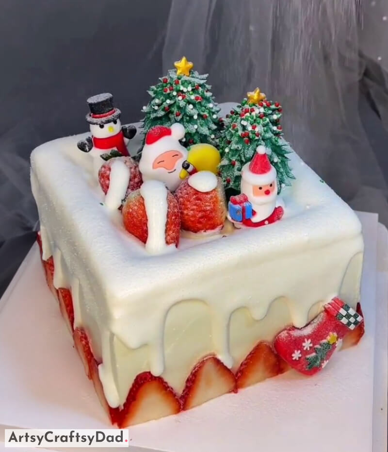 Strawberries Square Cake With Christmas Themed Topper - Cake Design - Ideas to Liven Up a Christmas Cake to Make Your Holiday Events Festive