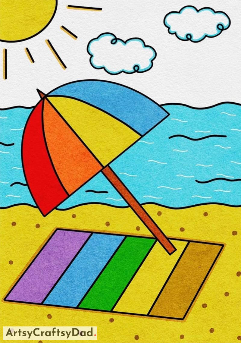 Sunny Beach and Colorful Umbrella Drawing for Kids- Kids are sure to be captivated by these stunning character drawings. 