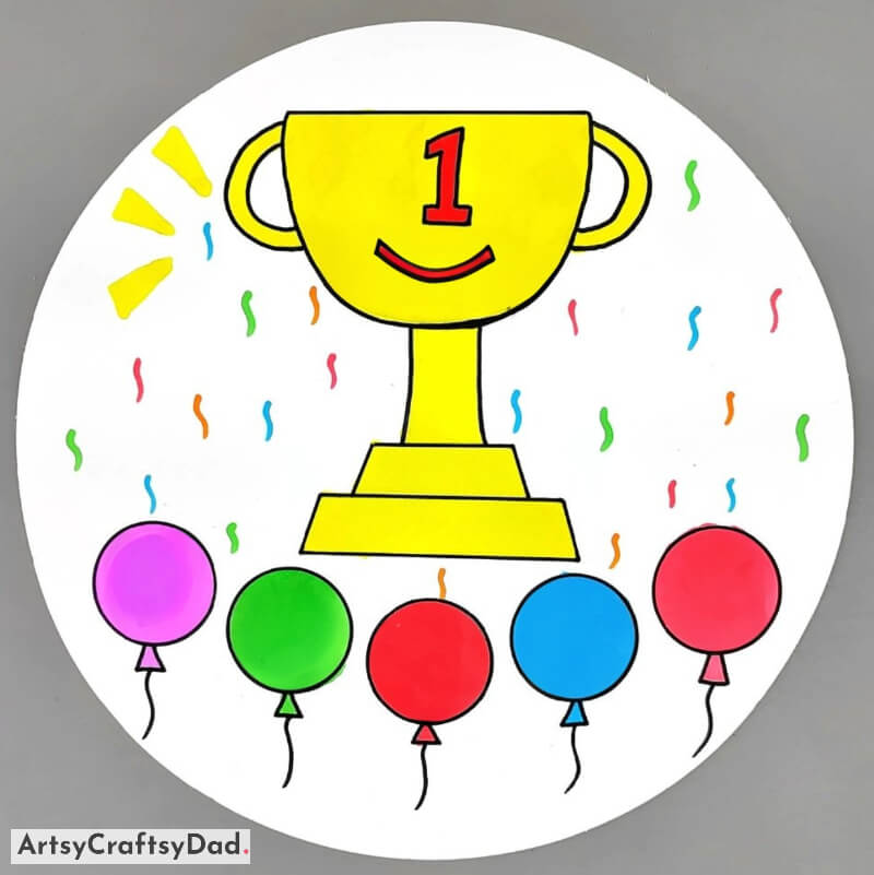The First Place Trophy Decorated with Balloons - Glorious Drawings of Delightful Flowers and Trees