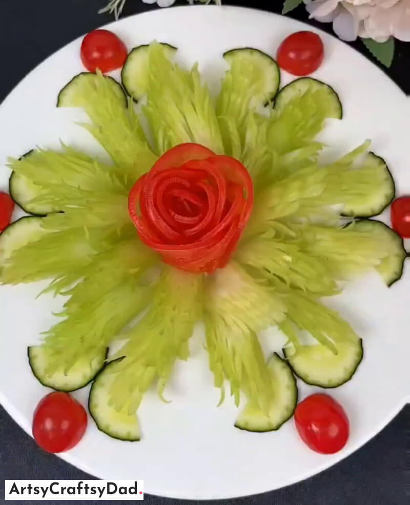 Tomato Flower and Cucumber Carving Leaves Food Plate Decoration - Sculpting vegetables and fruits for decorative purposes on plates