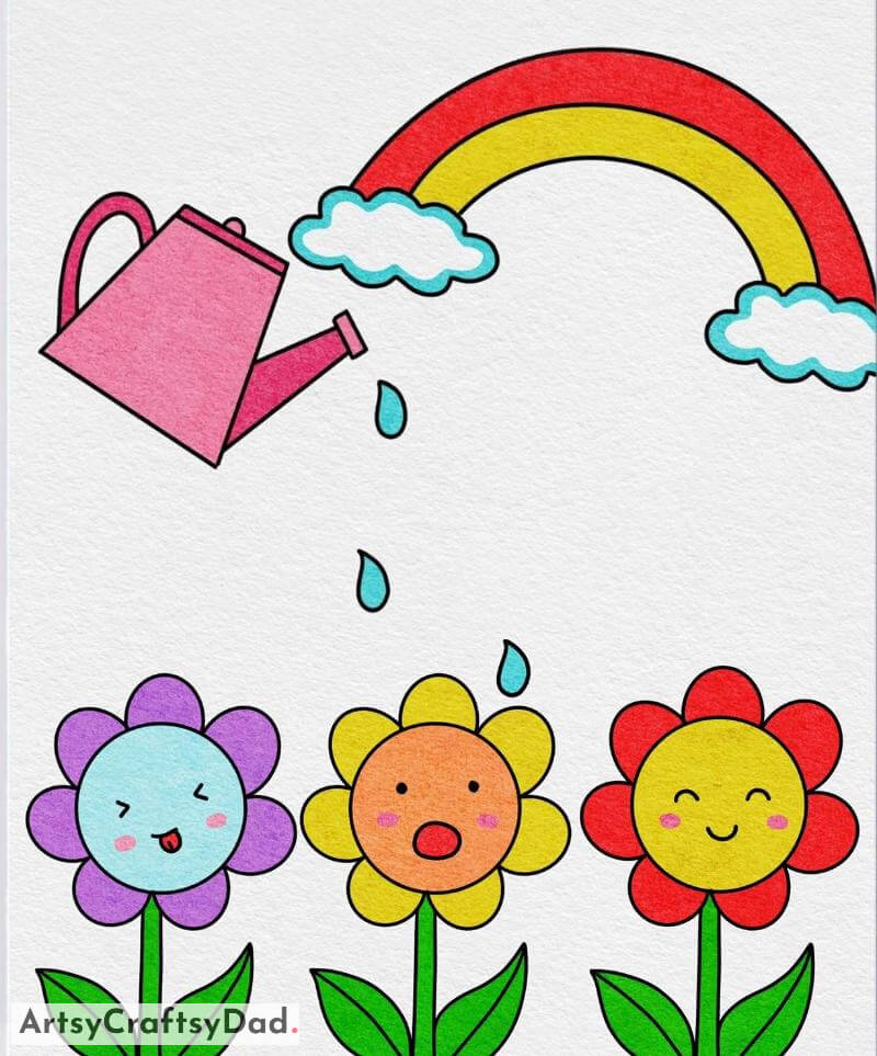 Watering Flowers and Rainbow Drawing for Kids- Children will be entranced by these wonderful character sketches. 