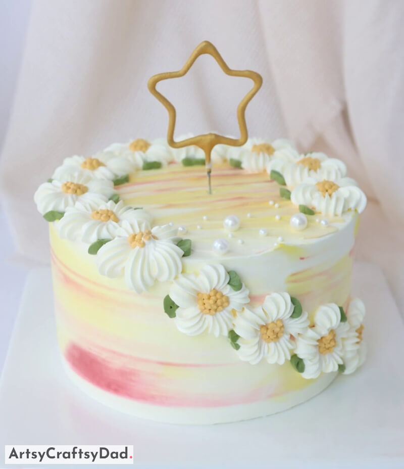 White Flowers Ombre Cake Decoration With Star - Beauteous Blooms Cake Ideas 