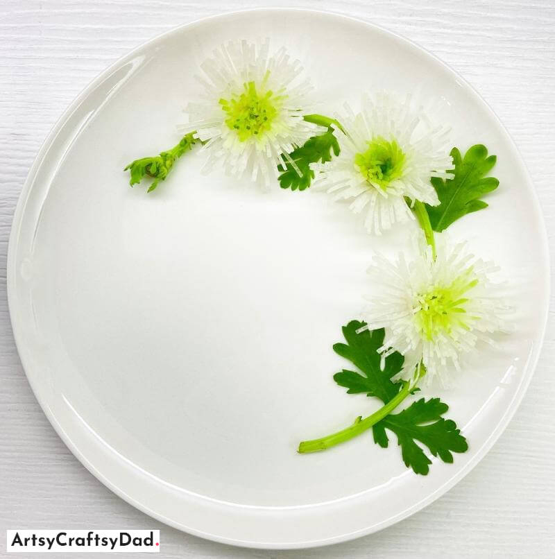 White Radish Flower Food Plate Decoration - Artistic Ways to Embellish Half-Circle Designs on Round Plates