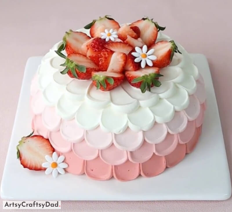 White to Pink Ombre Cake Decoration With Real Strawberries Topper - Luscious & Delectable Strawberry Toppings for Cake Decorations