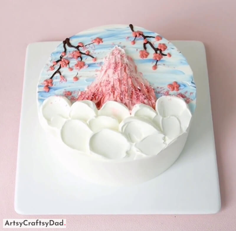 Wonderful Pink Mountain with Cherry Blossom Trees - Cake Decoration Idea - Imaginative Cake Decoration with Nature Elements