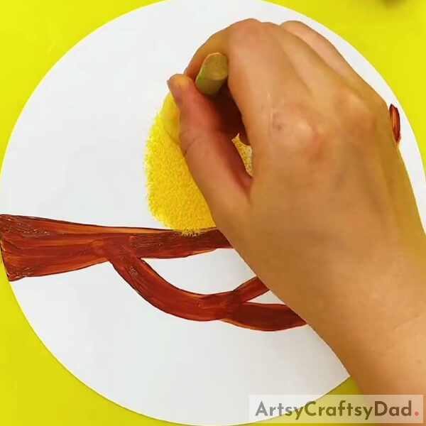 Using Yellow Paint To Make The First Bird- Painting Tutorial: How to Depict Birds on a Tree Branch