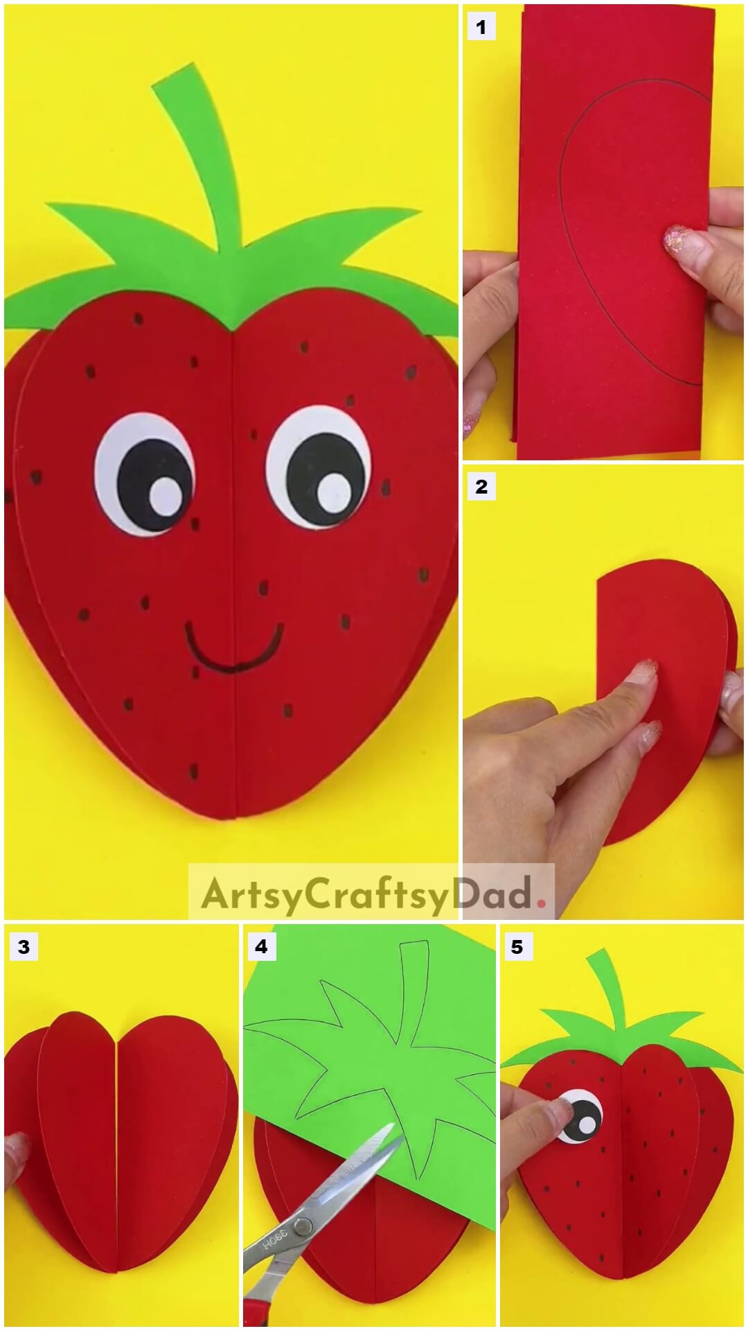 3D Paper Heart Strawberry Craft Tutorial For Kids