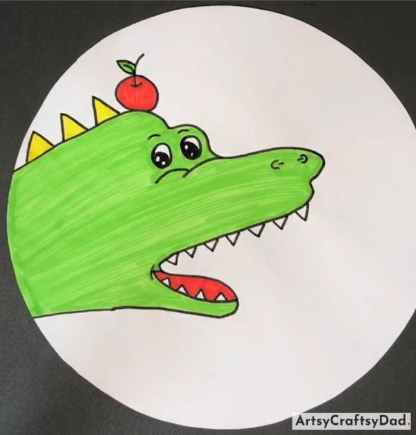 Funny Crocodile Drawing Idea With Apple On Head-Creative Sketch Ideas for Round Paper
