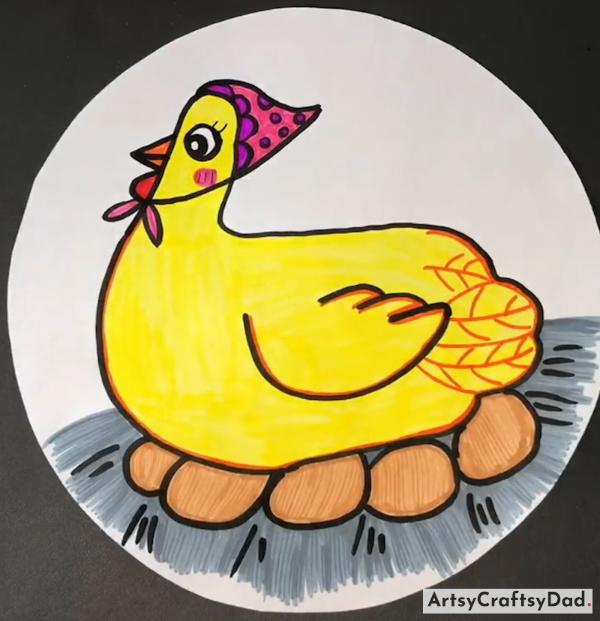 Attractive Hen Drawing Idea With Eggs-Quick Drawing Suggestions for Circular Sheets