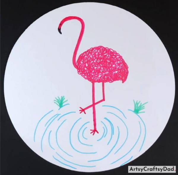 Beautiful Flamingo Bird Drawing  For Kids-Easy Art Projects on Circular Paper