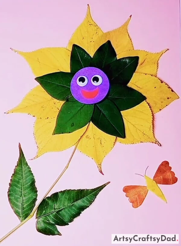 Charming Face Leaf Sunflower Craft Idea for 6-7 Years Old Kids - Upcycled Floral Craft Projects for Children - Reused Blossom Craft Ideas for Kids
