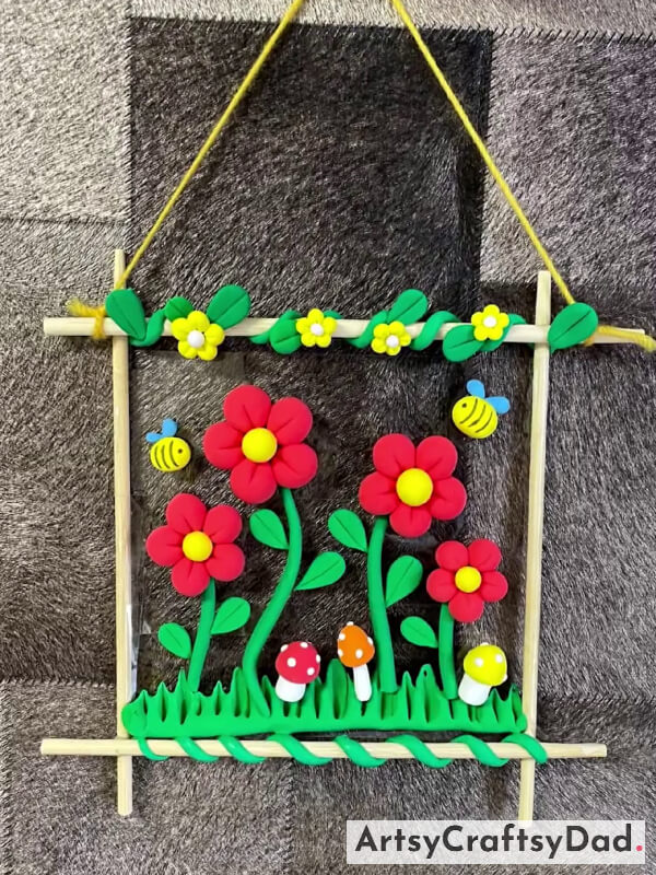 Final Look Of Clay Spring Flower With Chopstick Hanging Craft!