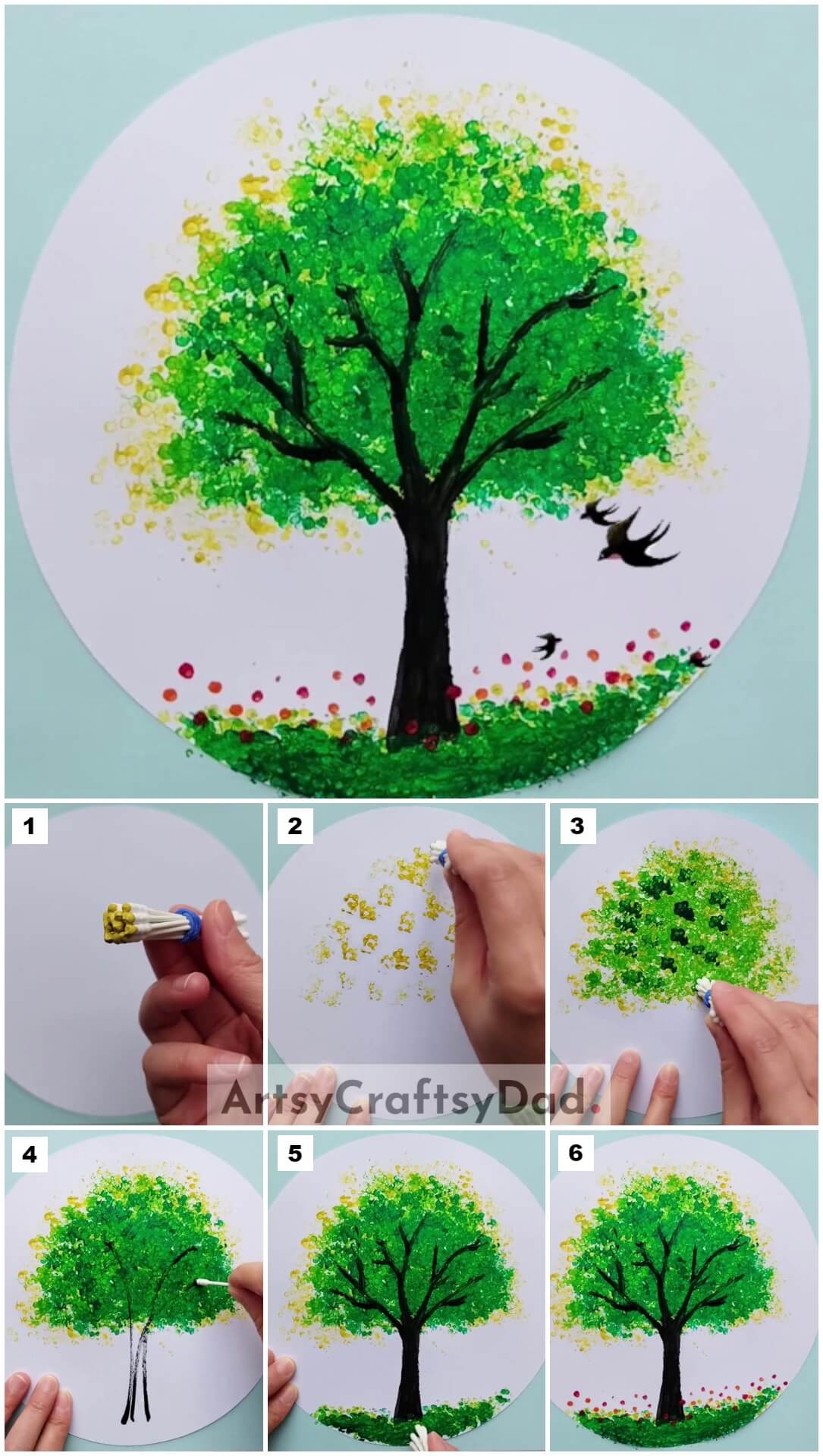 Cotton Buds Tree Painting - Step By Step Tutorial