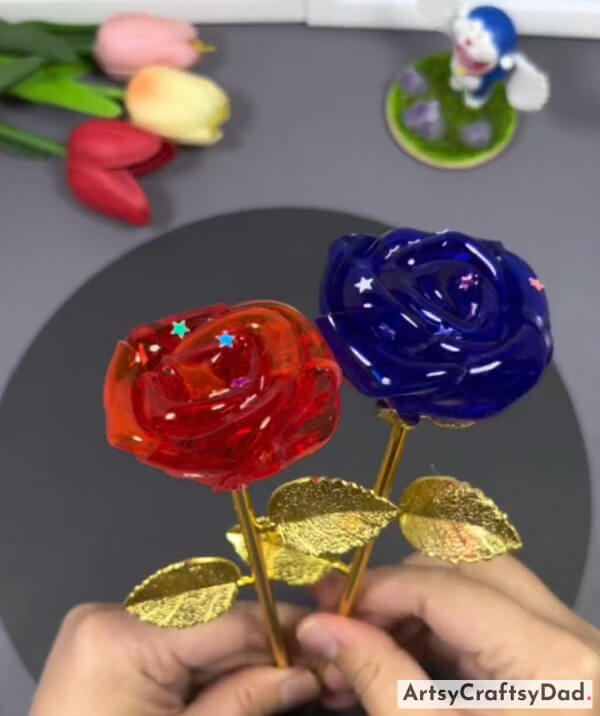 Crystal Glass Rose Flower Craft With Artificial Leaves - DIY flower crafts for kids using repurposed materials