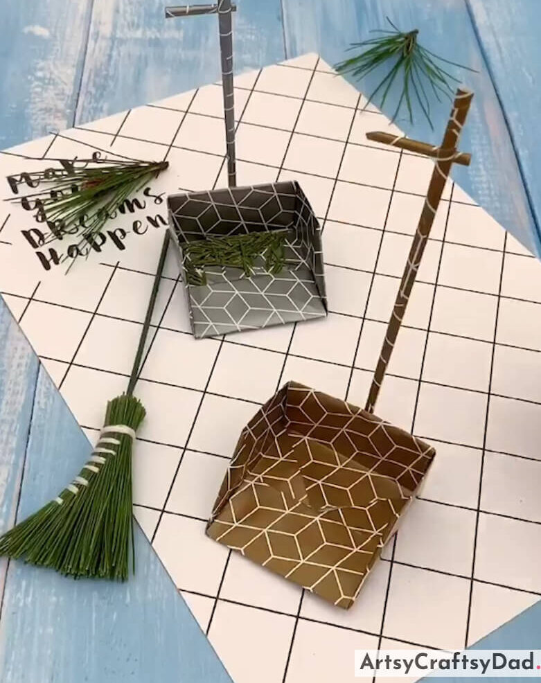 DIY Mini Broom and Dustbin Paper Craft Project For Students - Entertaining and inventive paper craft projects for kids to try out 