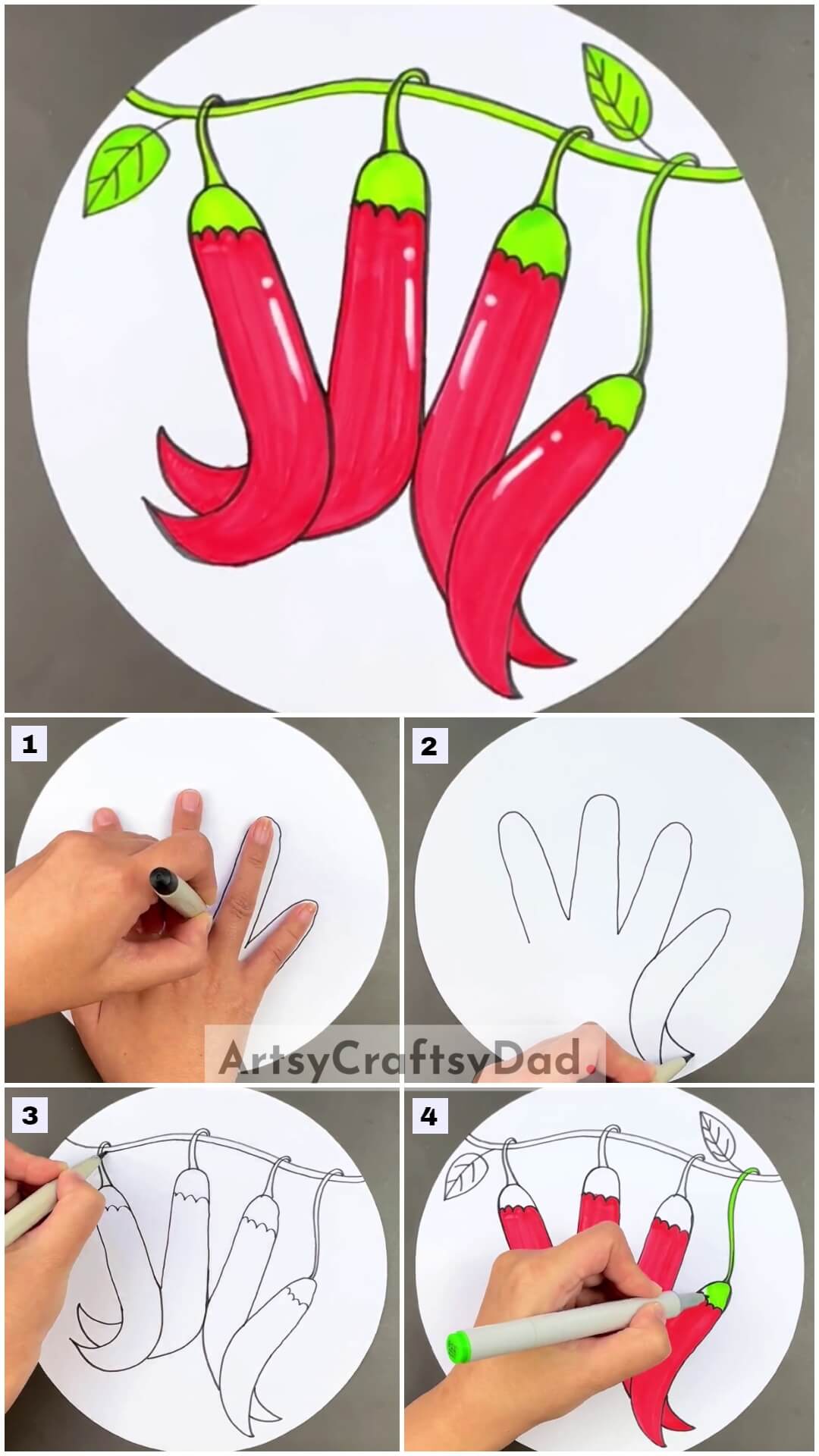 Handprint Red Chillies Drawing Step-By-Step Tutorial For Kids