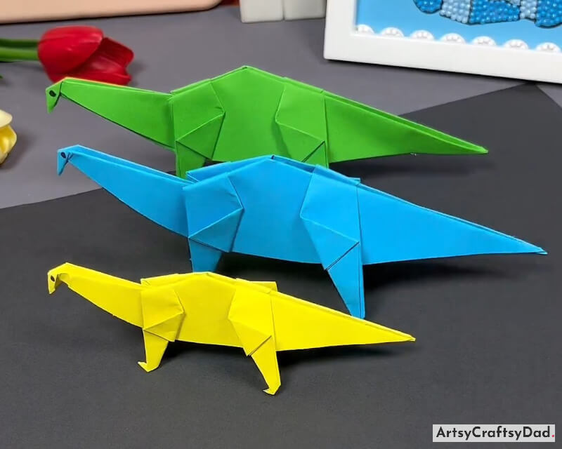 Incredible Origami Paper Dinosaur Craft Idea For Kids - Easy DIY paper crafts in vibrant colors for children