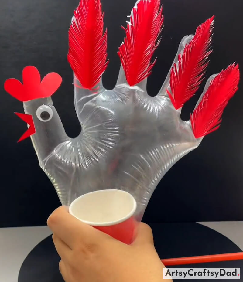 Making A Rooster Toy Craft Using Gloves & Red Feather-Kids' Art and Craft Ideas that Promote Recycling and Creativity
