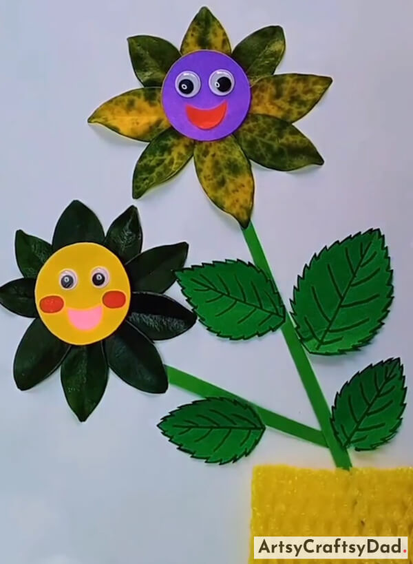 Smiley Faces Flower Craft Idea Using Leaf & Paper