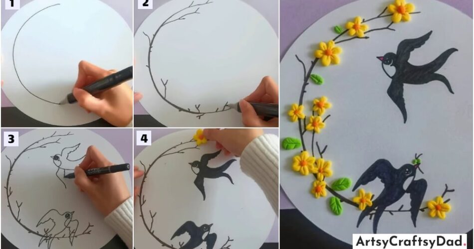 Sparrow And Flower Scenery - Easy Art And Craft Tutorial