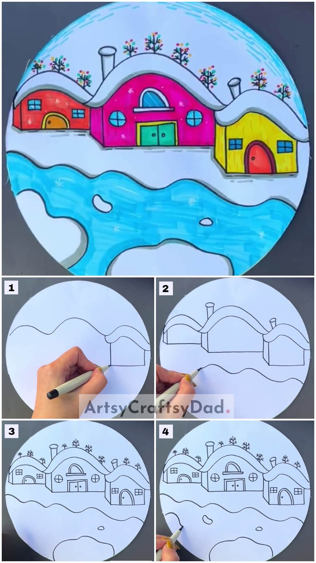 Winter House Step by Step Drawing Tutorial for Kids