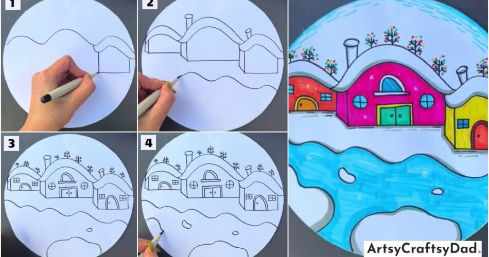 Winter House Step by Step Drawing Tutorial for Kids