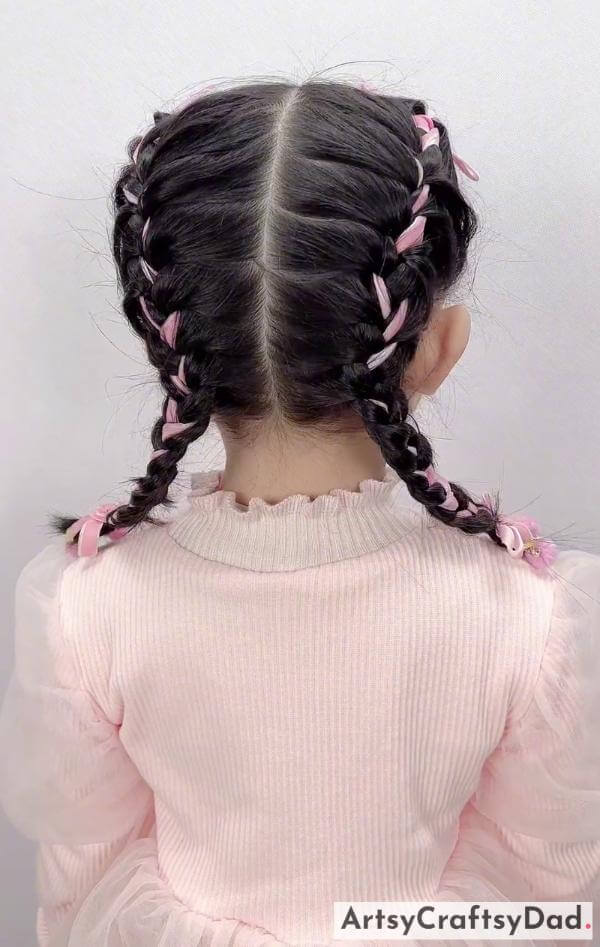 A Pink Ribbon Fishtail Braids For Kids-Lovely braided hairdo suitable for kids