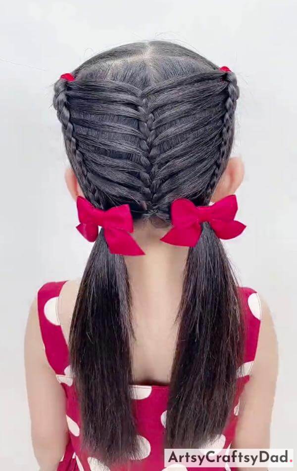 Cute Fishtail Dual Braids Ponytail - Sweet Red Ribbon Braids Hair Design for Small Girls