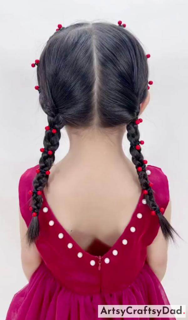 Easy Red Pearl Braided Dual Ponytail Hairstyle - Pretty Red Ribbon Braids Hair Fashion for Toddlers