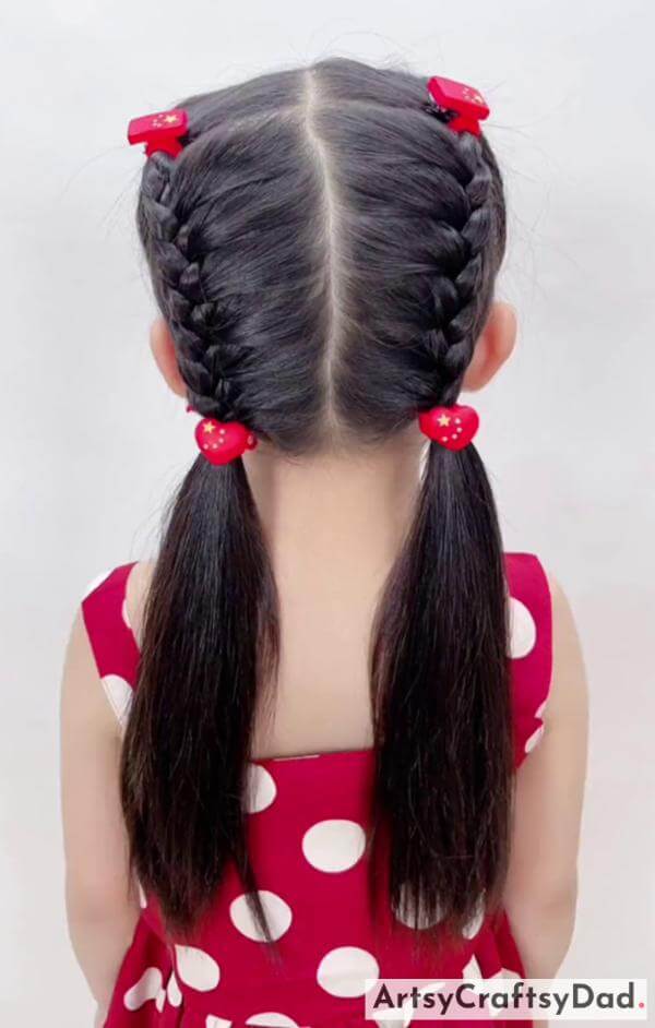 Easy Way Dual Fishtail Braided Hairstyle - Adorable Red Ribbon Braids Hair Trend for Youngsters