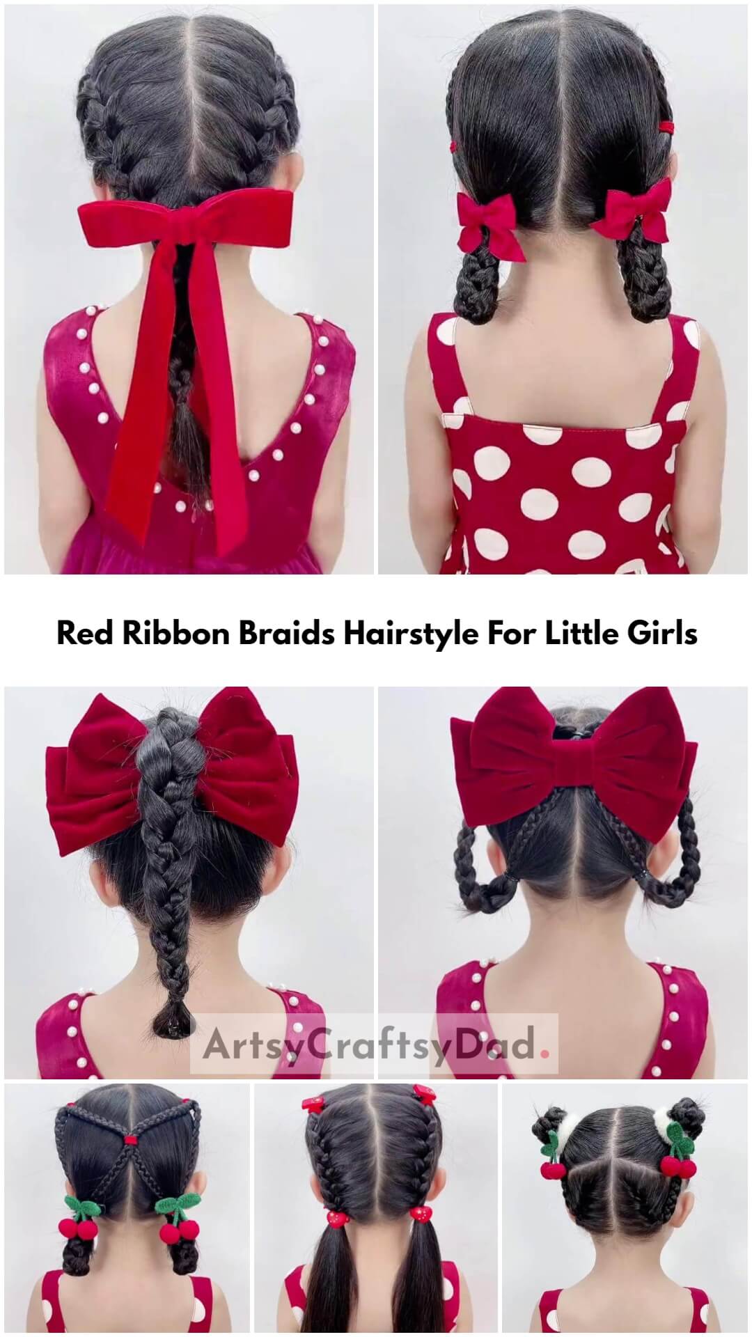 Adorable Red Ribbon Braids Hairstyle For Little Girls
