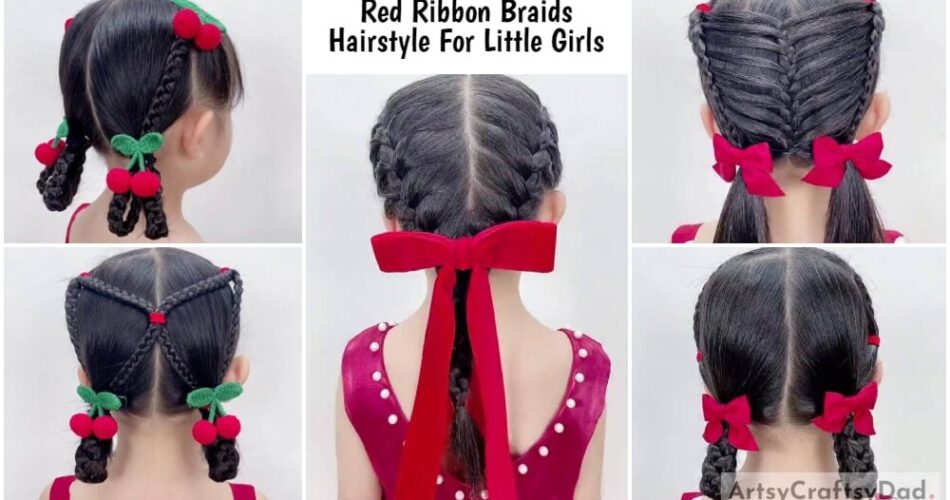 Adorable Red Ribbon Braids Hairstyle For Little Girls