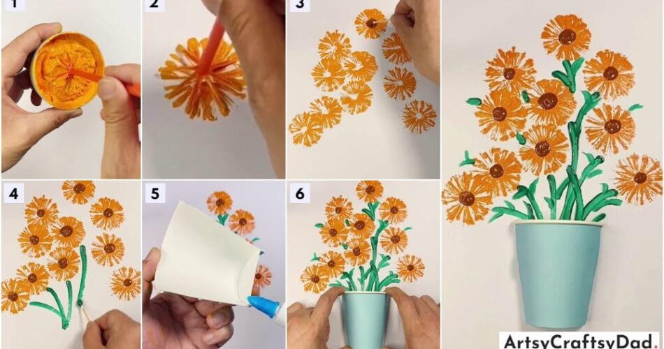 Stamping Sunflower & Paper Cup Pot Artwork Tutorial