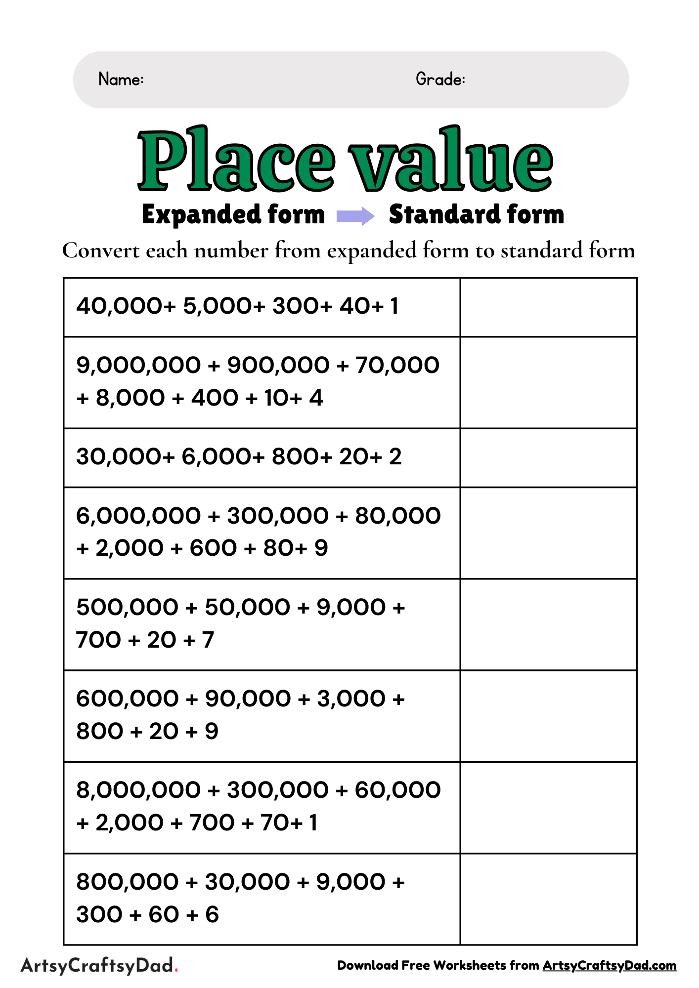 Place Value Expanded and Standard Form Worksheet