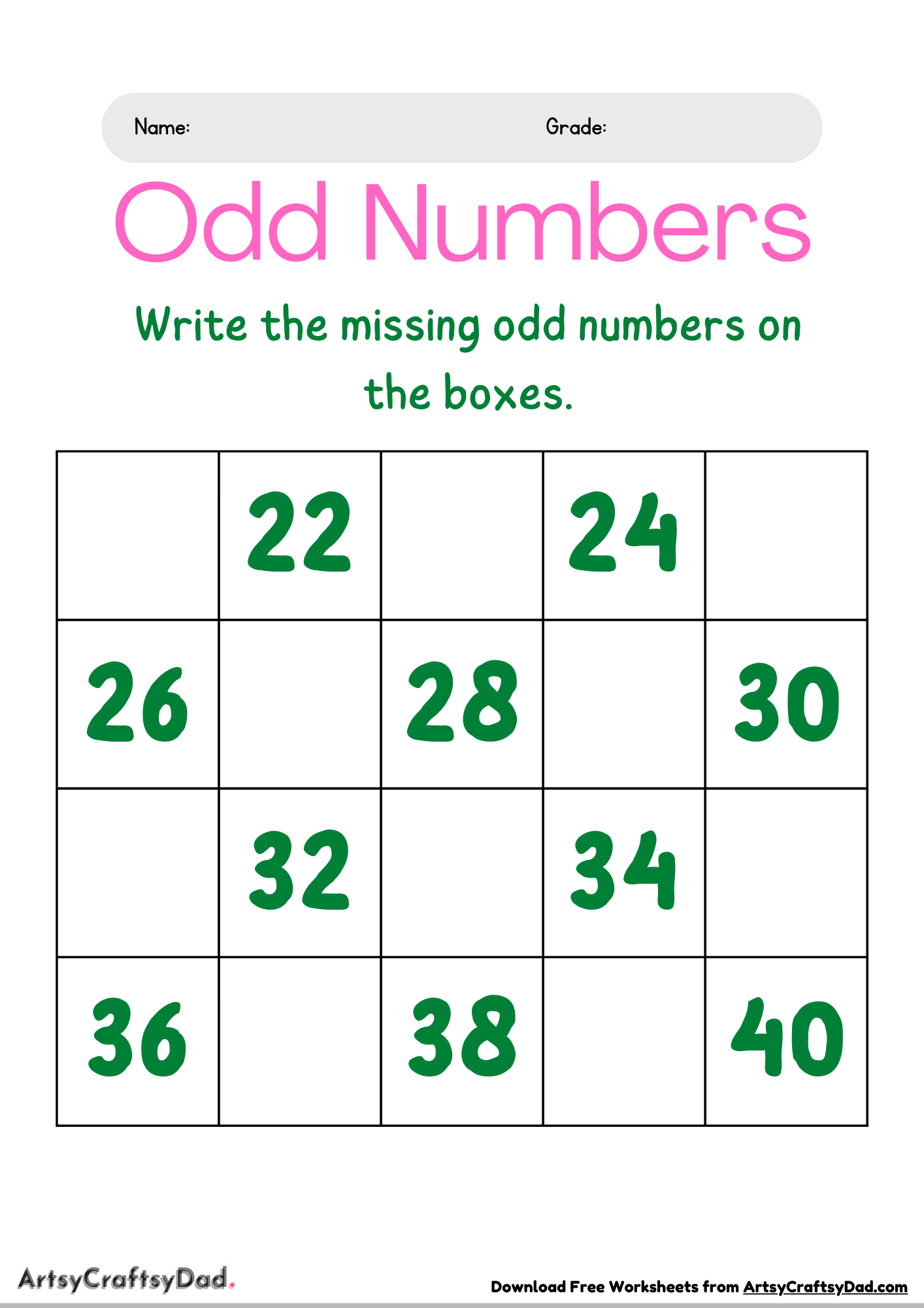 Write Missing Odd Numbers Worksheet For Grade 1