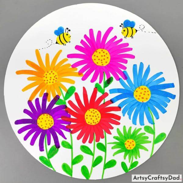 Colorful Flowers Drawing Ideas With Bees