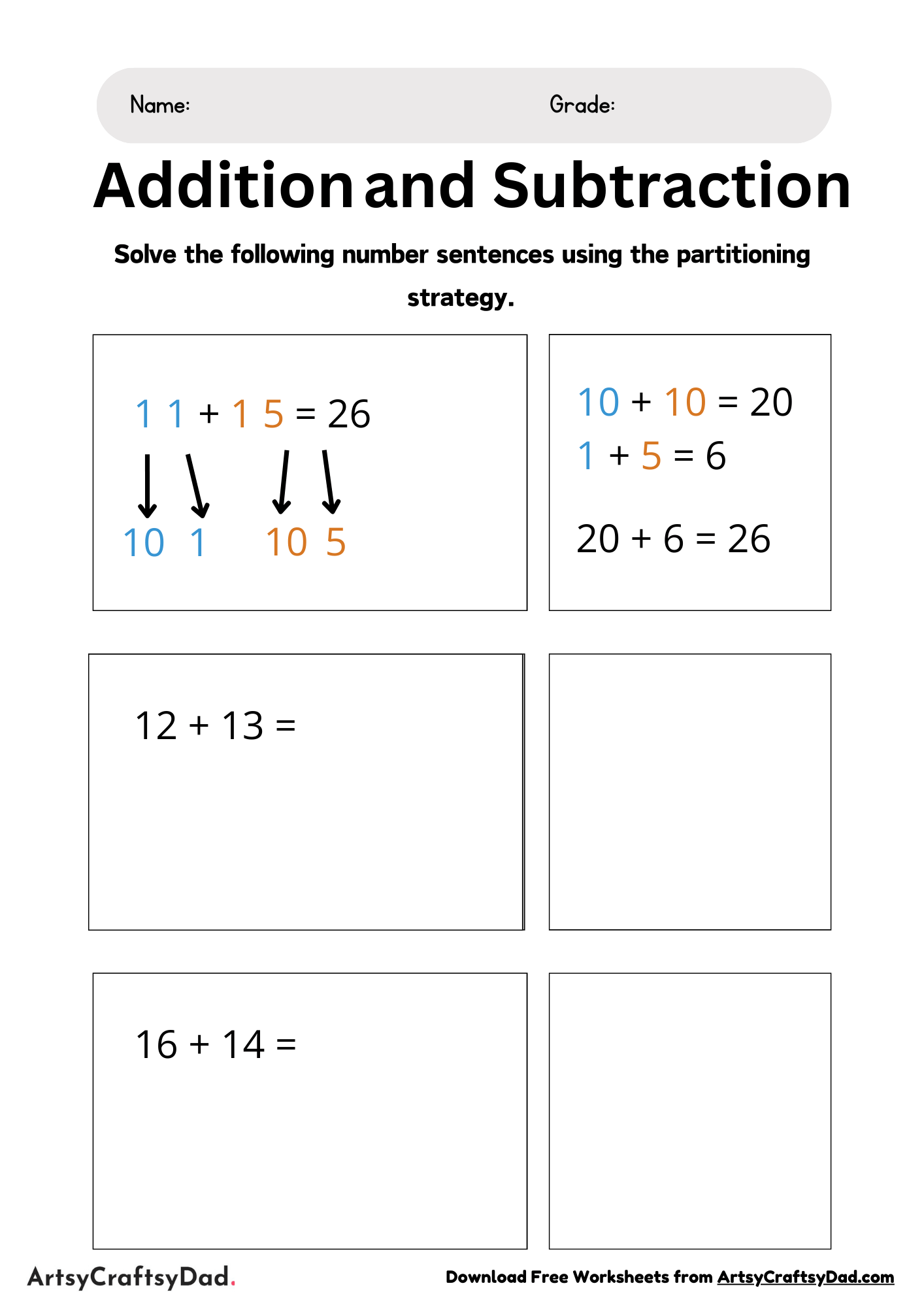 Add and Subtract with Partitioning Method Worksheet