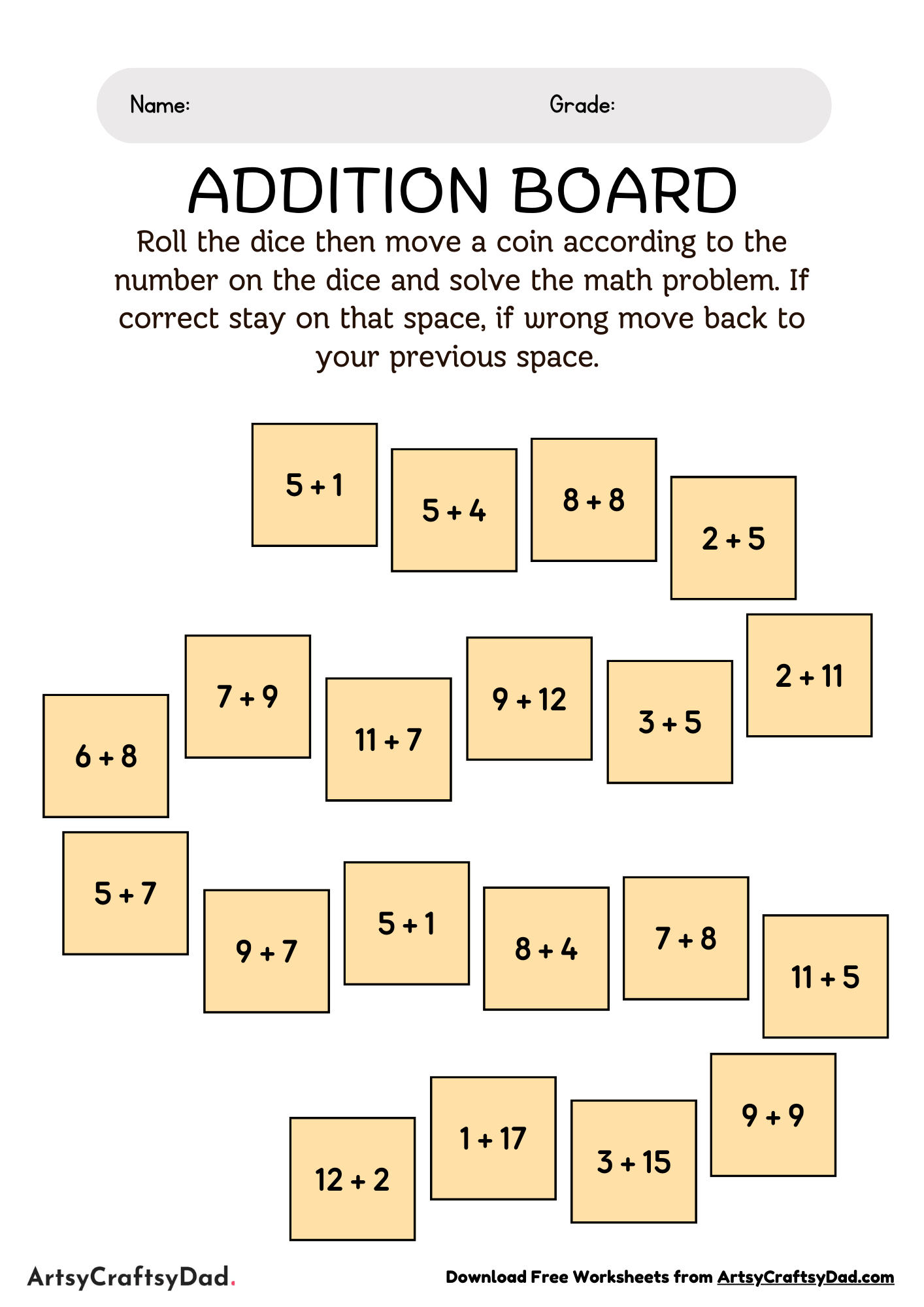 Addition Board game Worksheet