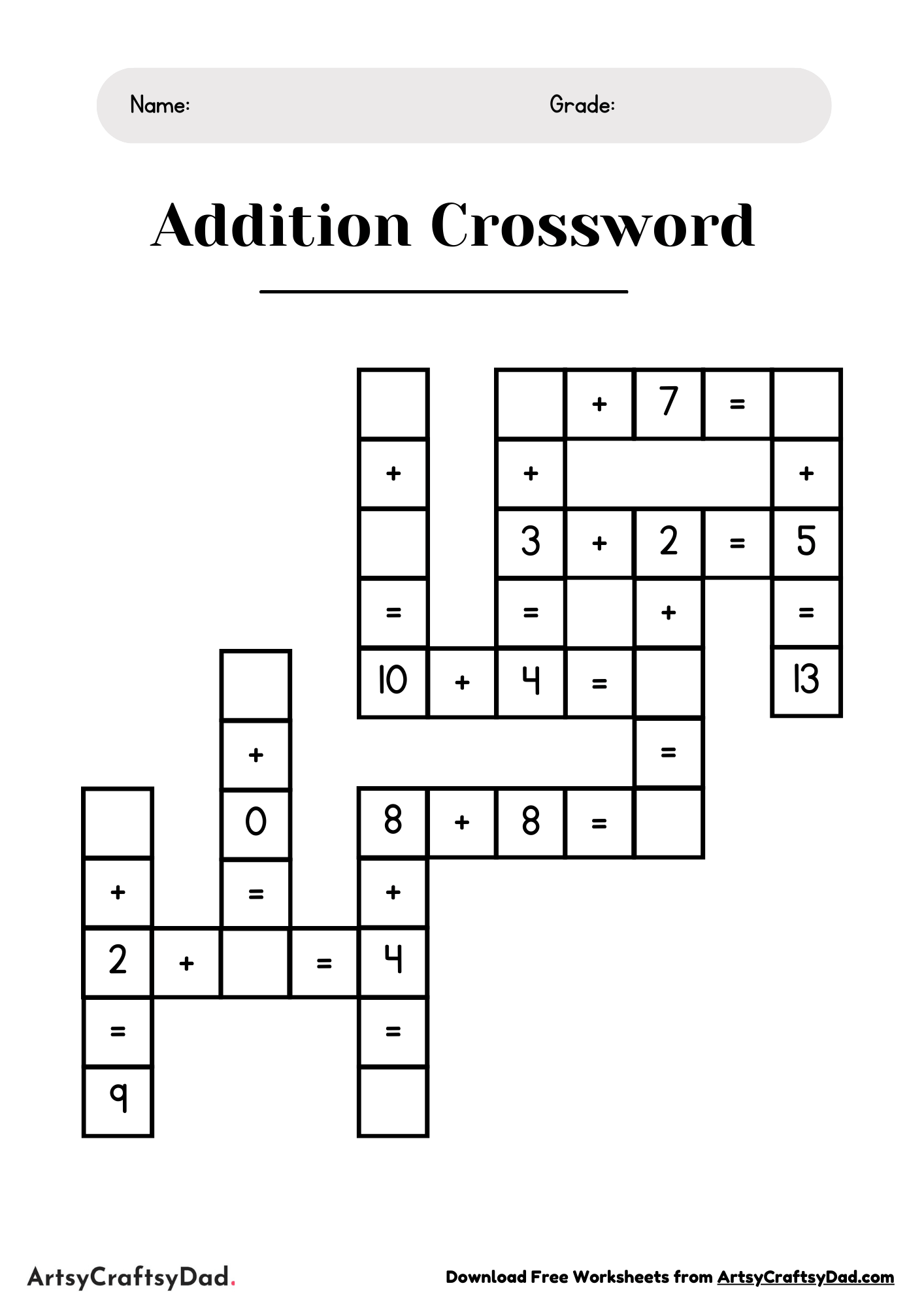 Addition Crossword Puzzle Worksheet