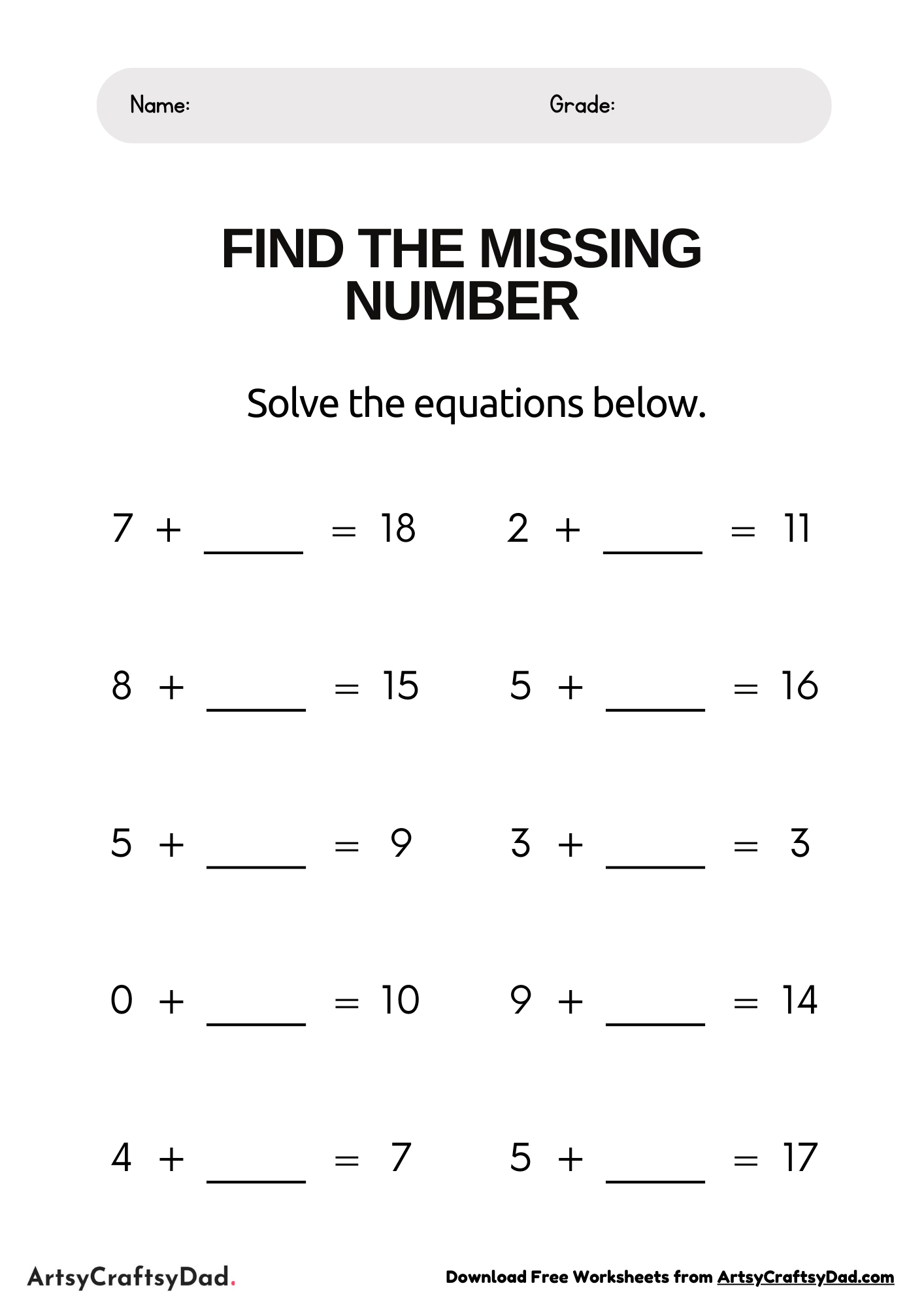 Addition Equations with Missing Number Worksheet 