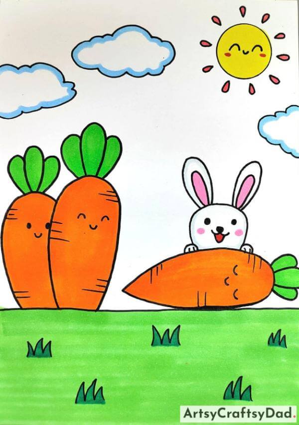 Adorable Carrot With Rabbit Drawing Art For Children